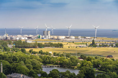 View of provestenen with wind turbines, copenhagen, denmark