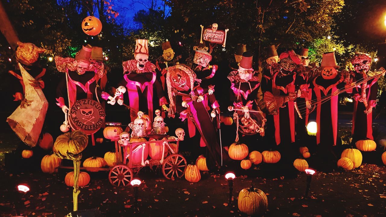 celebration, variation, hanging, no people, large group of objects, night, outdoors, close-up, jack o lantern