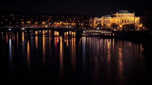 Reflection of buildings in water at night