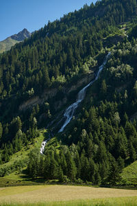 High angle view of trees and mountains against sky