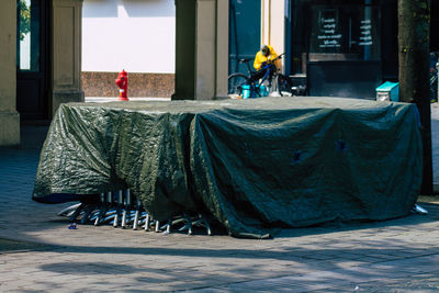 Rear view of people working on street against building