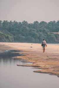 Rear view of man walking at shore of beach