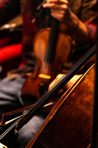 Close-up of guitar on stage