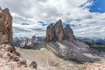 Rock formations on landscape against cloudy sky