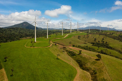 Group of windmills for renewable electric energy production. wind power station. ambewela, sri lanka