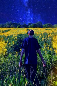 Rear view of man standing in sunflower field