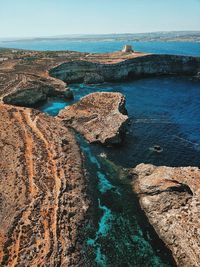 High angle view of rocks in sea against sky