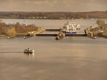 High angle view of boats and harbor on lake