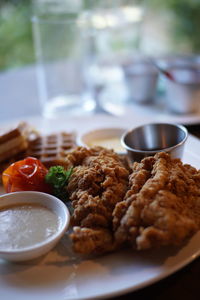 Waffle and chicken for breakfast