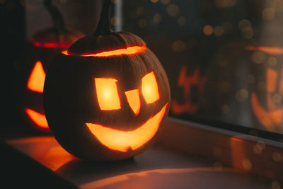 Close-up of illuminated halloween pumpkin