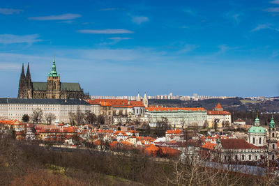 Prague cathedral and city seen from petrin hill in a beautiful early spring day