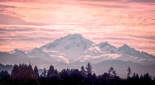 Scenic view of snowcapped mountains against sky during sunset