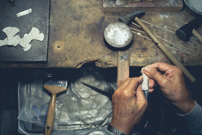 High angle view of man working at construction site
