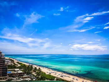 Scenic view of sea against blue sky