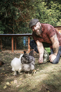Man in his own garden, man feeding free range chickens