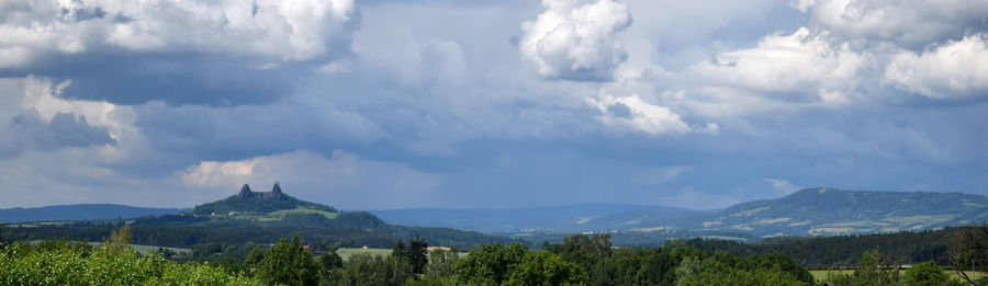 Panoramic view of countryside landscape against cloudy sky