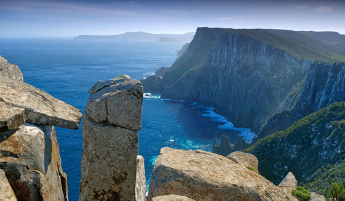 Dolerite rock pillars and sea cliffs on the tasman peninsula, tasmania
