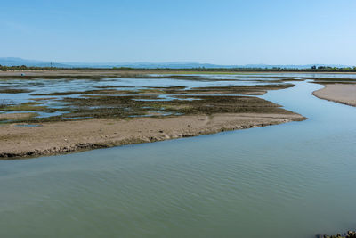 Scenic view of lake against clear blue sky