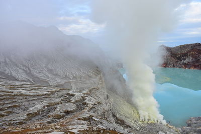 Smoke emitting from volcanic mountain against sky