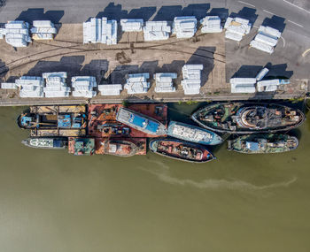 High angle view of boats moored in canal