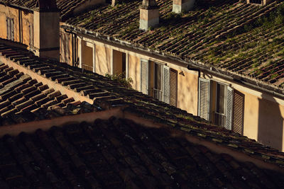 High angle view of street amidst buildings