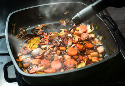 High angle view of food in cooking pan