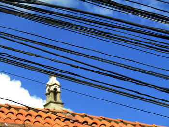 Low angle view of roof of building against blue sky