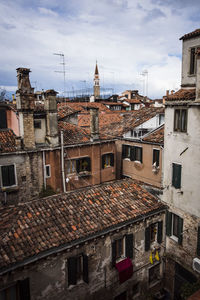 High angle view of buildings in town against sky