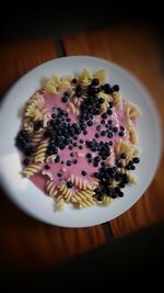 High angle view of breakfast in plate on table