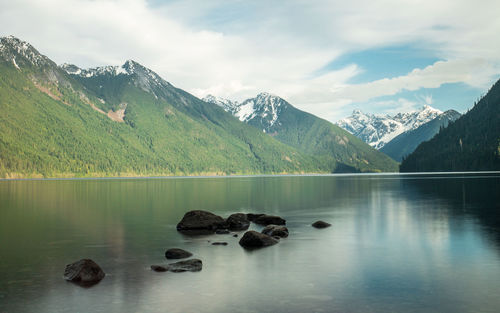 Scenic view of lake and mountains against sky