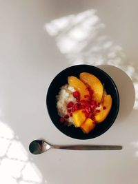 High angle view of breakfast served on table