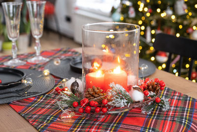 Close-up of christmas decorations on table