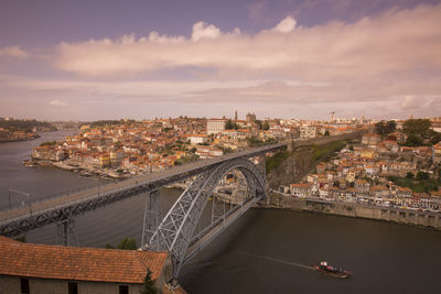 Dom luis i bridge over douro river by city against sky