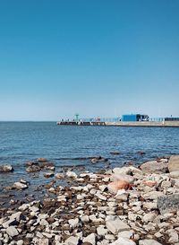 Scenic view of sea against clear blue sky