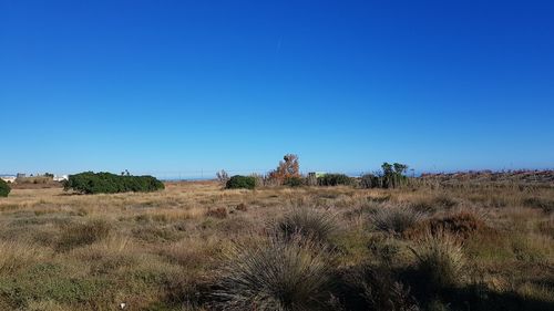 Scenic view of land against clear blue sky
