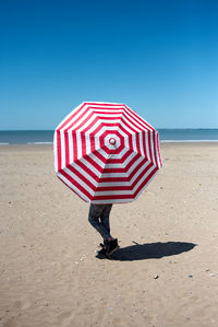 Rear view of person standing on beach against clear sky