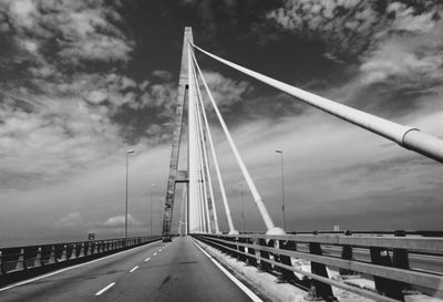 View of suspension bridge against cloudy sky