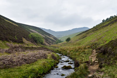 Scenic view of stream amidst mountains against sky