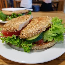 Close-up of burger in plate on table