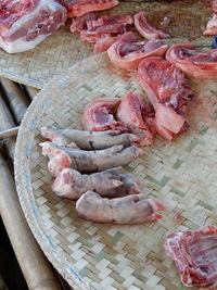 High angle view of meat for sale in myanmar. 