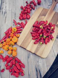 High angle view of chopped fruits on table