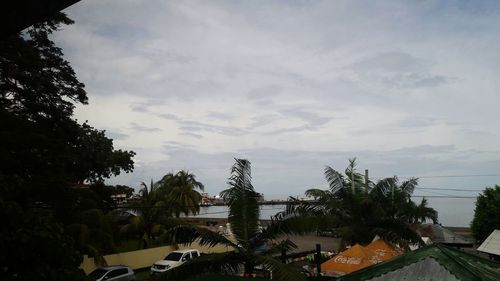 Trees in amusement park against cloudy sky