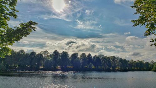 Scenic view of lake against cloudy sky