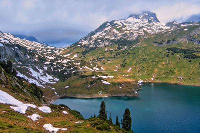 Scenic view of lake and snowcapped mountains against sky