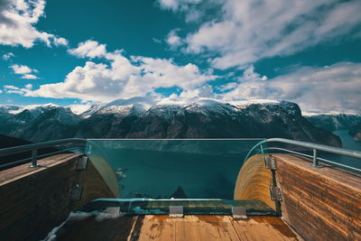 Scenic view of lake by mountains against sky