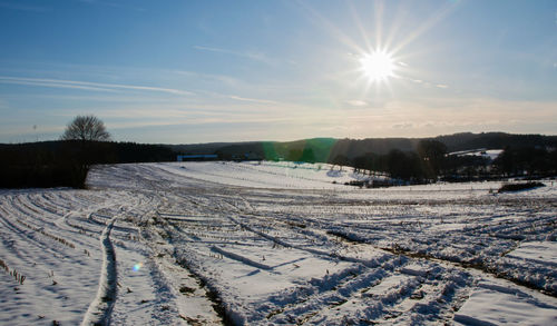 Scenic view of field against sky during winter