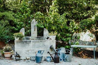 Potted plants on stone wall in yard