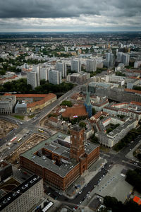 High angle view of buildings in city against sky