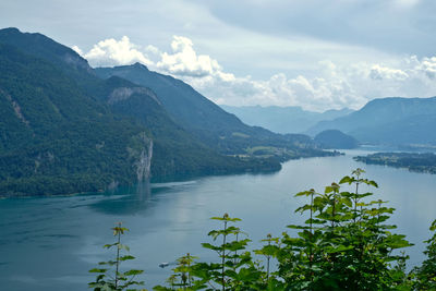 Scenic view of lake and mountains against sky