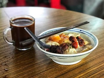 High angle view of breakfast served on table